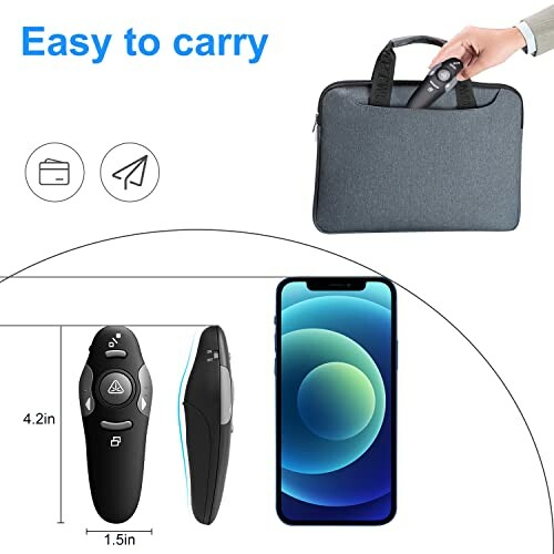 Wireless presenter fits in a small carrying case next to a smartphone.