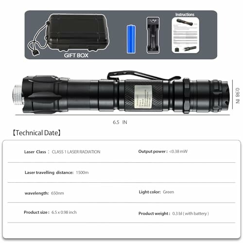 Green laser pointer with gift box and specifications.