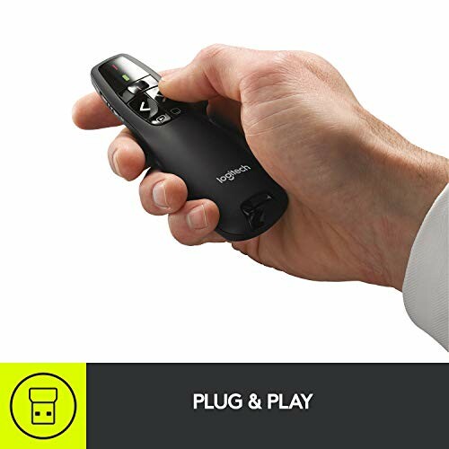 Hand holding a Logitech presentation remote with plug and play feature