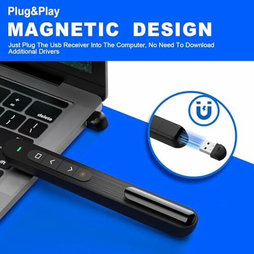 USB presenter with magnetic design plugged into laptop.