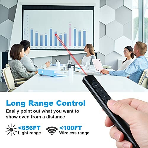 Person using a laser pointer during a business presentation in a meeting room.