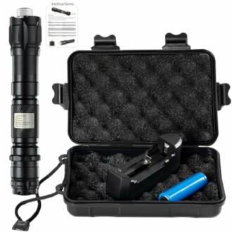 Tactical flashlight kit with case, charger, and battery.