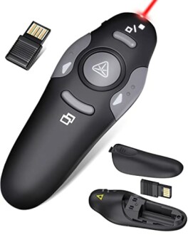 Black wireless presentation clicker with USB receiver.