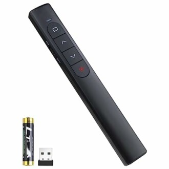 Wireless presentation remote with USB receiver and battery.