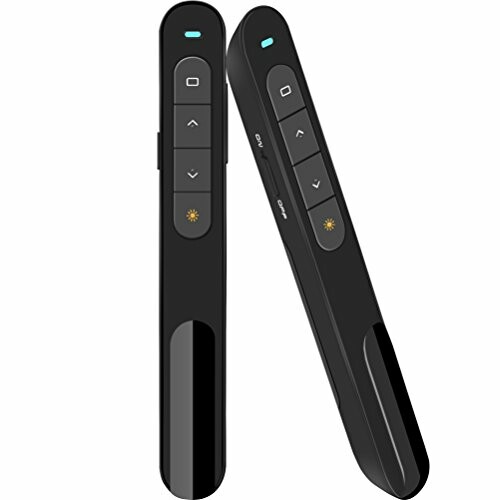 Wireless presenter clicker with buttons and laser pointer.