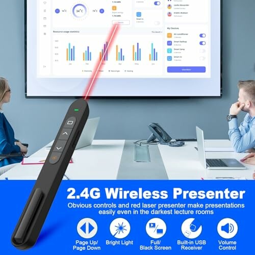 Wireless presenter pointing at a presentation slide in a meeting room.