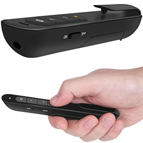 Hand holding a wireless presenter remote with buttons and on/off switch