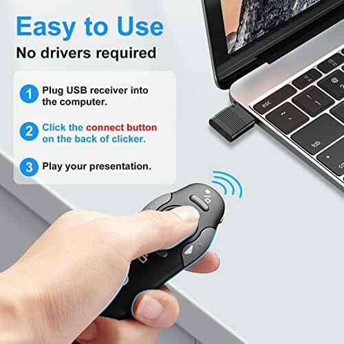 Wireless presenter setup with USB receiver and instructions.